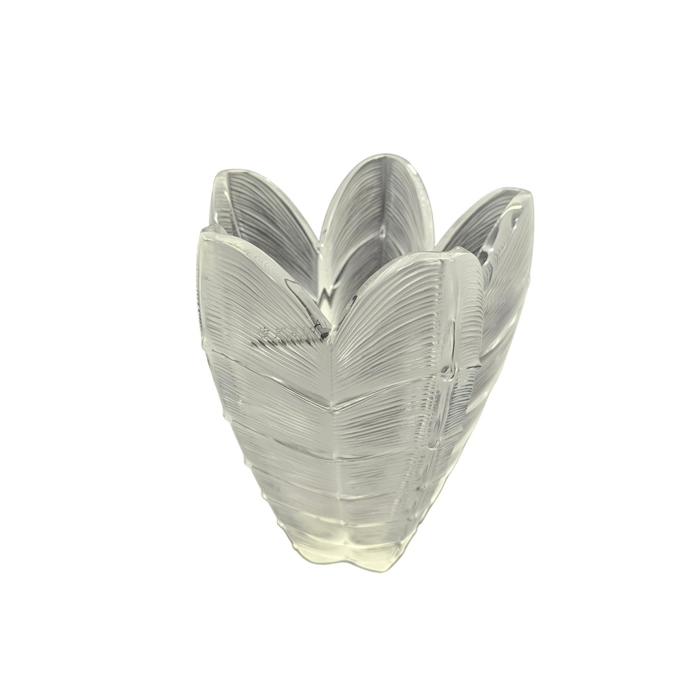 Signed Lalique Papillon Butterfly Vase Frosted Crystal Feuilles Leaf Designer